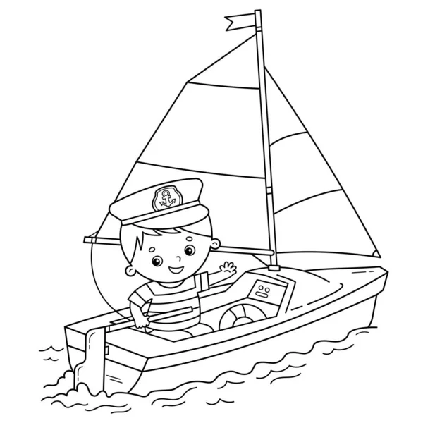 Página para colorear Esquema del barco de vela de dibujos animados con marinero en la cubierta. Profesión. Libro para colorear para niños . — Vector de stock