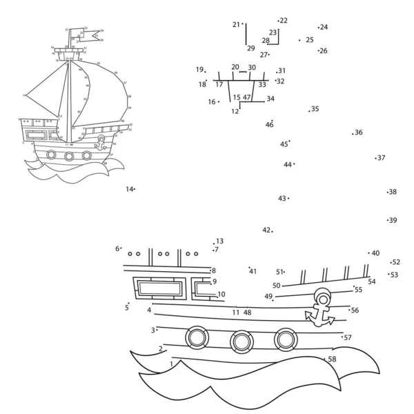 Jogo de puzzle para crianças: jogo de números. Navio de vela dos desenhos animados. Imagens de transporte para crianças. Livro para colorir . — Vetor de Stock