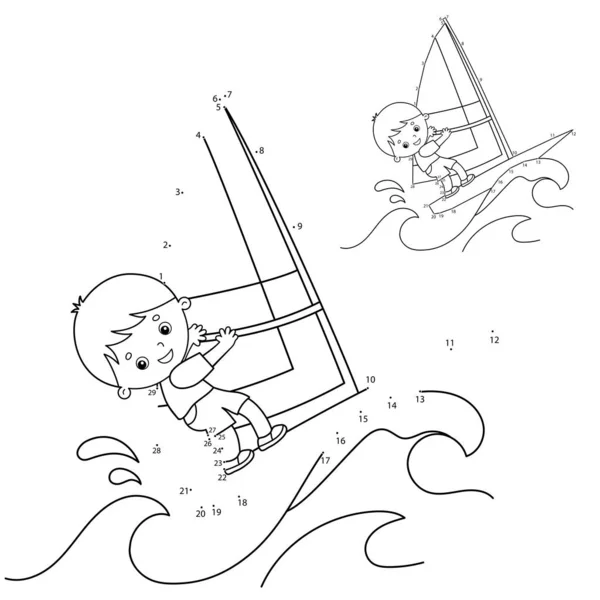 儿童益智游戏：数字游戏。 卡通片在海浪中冲浪。 风帆。 儿童彩色书. — 图库矢量图片