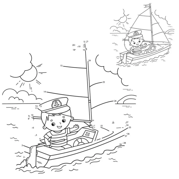Jogo de puzzle para crianças: jogo de números. Desenhos animados veleiro com marinheiro no convés. Livro para colorir para crianças . — Vetor de Stock