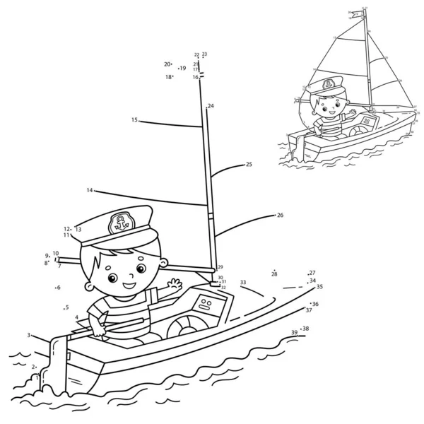 Jogo de puzzle para crianças: jogo de números. Desenhos animados veleiro com marinheiro no convés. Livro para colorir para crianças . — Vetor de Stock