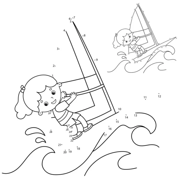 Puzzlespiel für Kinder: Zahlenspiel. Cartoon-Surfer auf Wellen. Windsurfen. Malbuch für Kinder. — Stockvektor