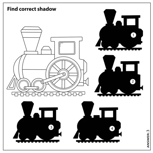 Παιχνίδι γρίφων για παιδιά. Βρες τη σωστή σκιά. Χρωματισμός σελίδα περίγραμμα του τρένου κινουμένων σχεδίων. Βιβλίο ζωγραφικής για παιδιά. — Διανυσματικό Αρχείο