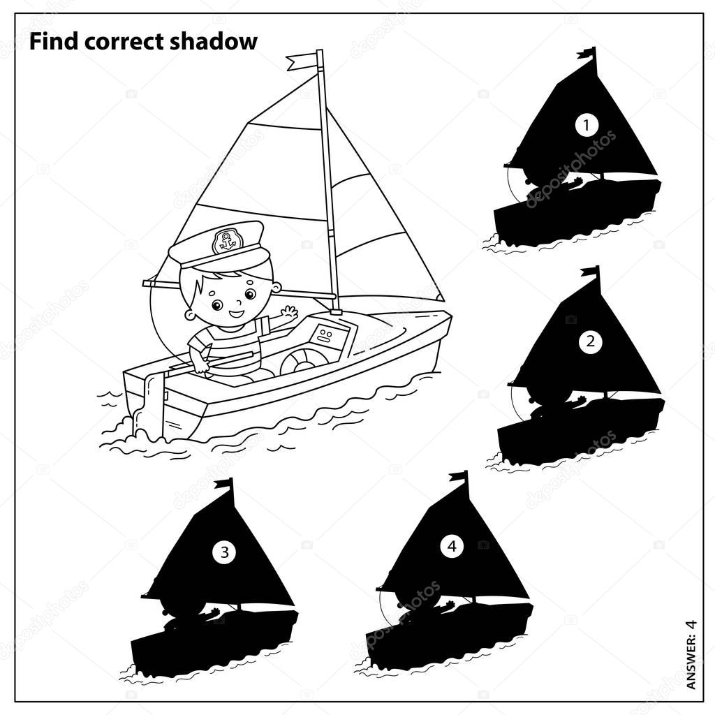 Puzzle Game for kids. Find correct shadow. Coloring Page Outline of cartoon sail ship with sailor on the deck. Coloring book for children.