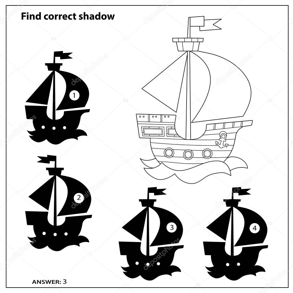 Puzzle Game for kids. Find correct shadow. Coloring Page Outline Of cartoon sail ship. Coloring book for children.