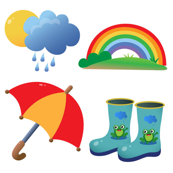 Цветные изображения детских резиновых сапог с узором, зонтиком и радугой на белом фоне. Игры на открытом воздухе. Набор векторных иллюстраций
.