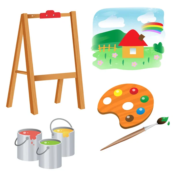 Цветные изображения мольберта, рисунки детей с акварелью и кистью на белом фоне. Набор векторных иллюстраций для детей . — стоковый вектор