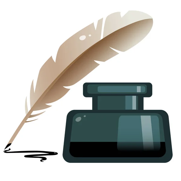Kleur afbeelding van inktpot met veer pen op witte achtergrond. Vectorillustratie. — Stockvector