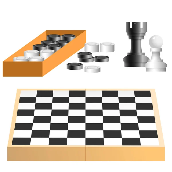 Farbbild eines Schachbretts mit Schach und Dame auf weißem Hintergrund. Brettspiele und Freizeit. Vektor Illustration Set. — Stockvektor