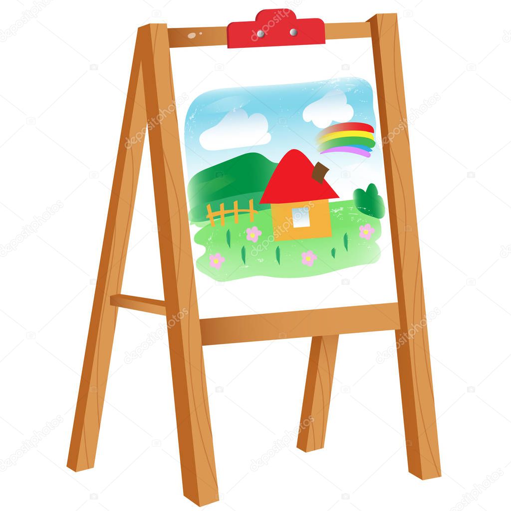 Color image of cartoon easel with children's drawing on white background. Vector illustration for kids.