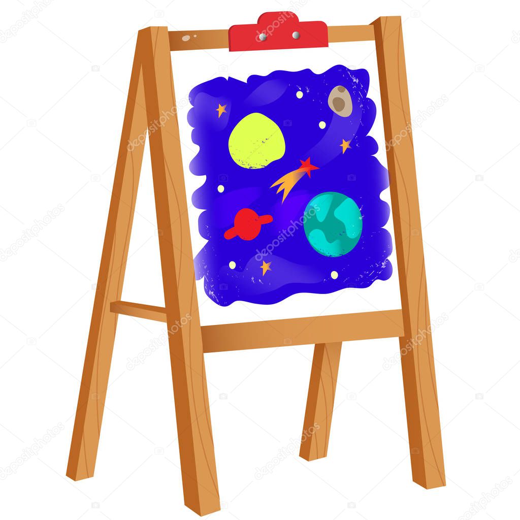 Color image of cartoon easel with children's drawing on white background. Vector illustration for kids.