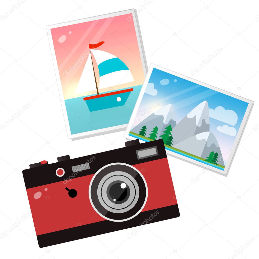 Color image of red photo camera with pictures on white background. Hobbies and tourism. Vector illustration.
