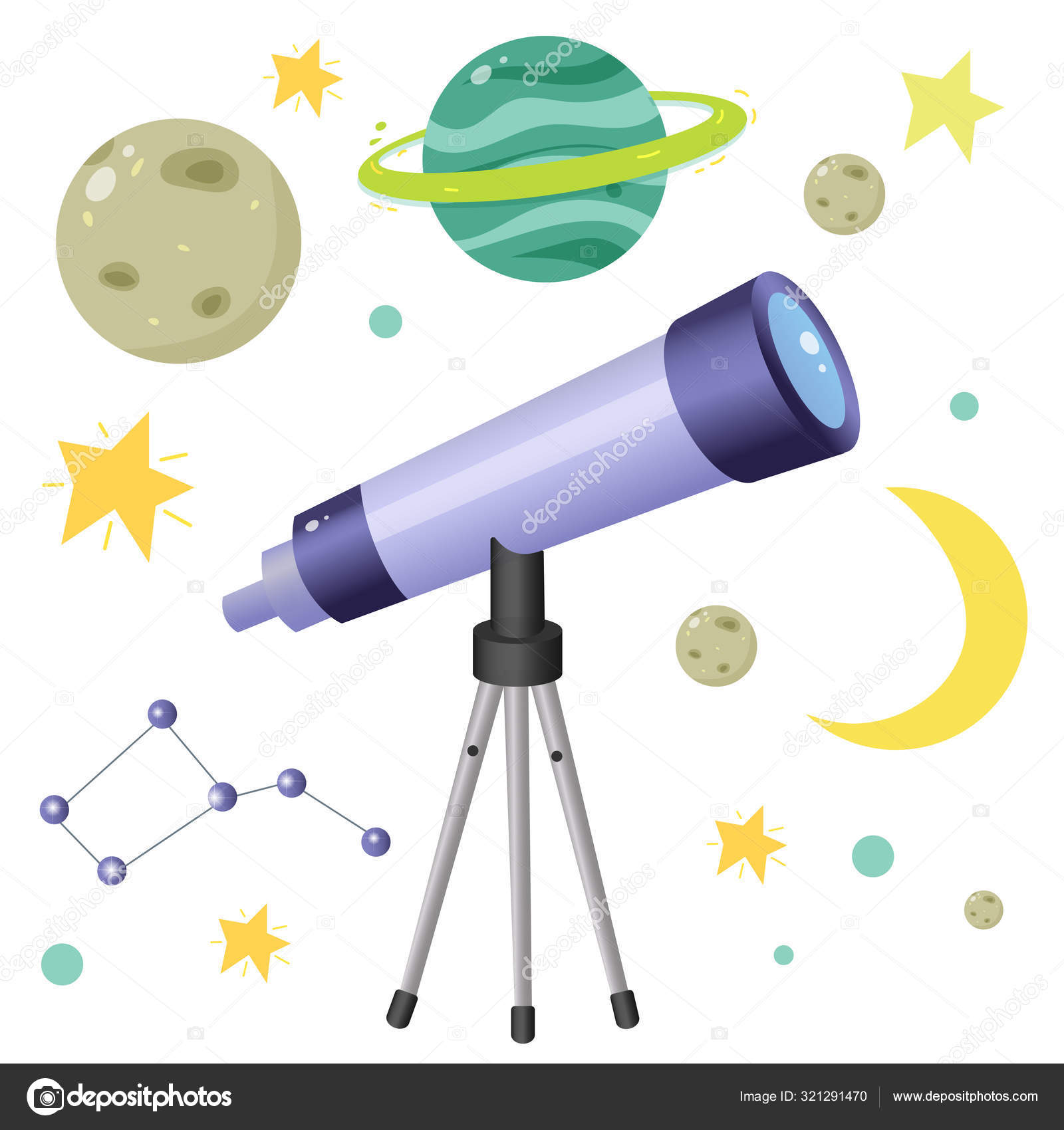 Color image of cartoon telescope with planets and stars on white