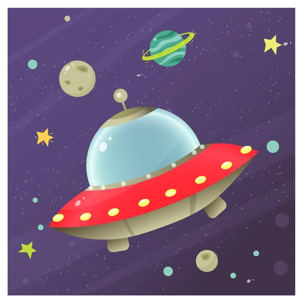 Imagem colorida do disco voador de desenhos animados de alienígenas no espaço. Ilustração vetorial para crianças . —  Vetores de Stock