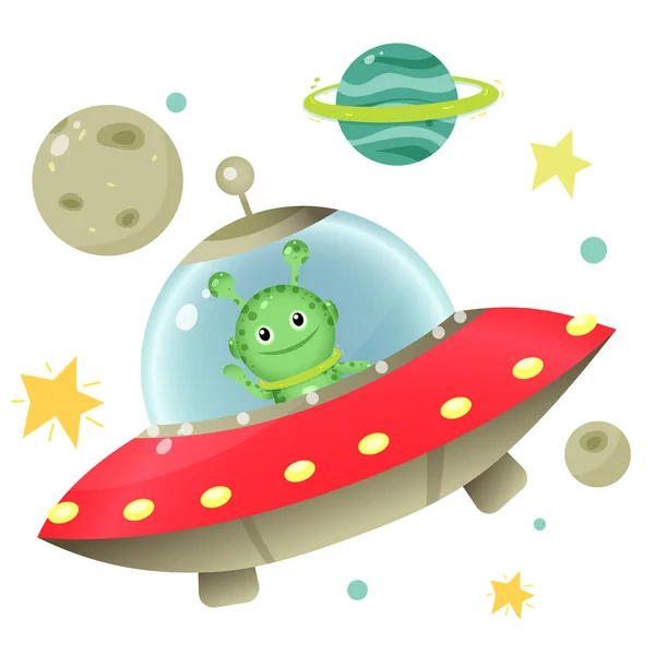Barevné obrázky kreslených cizinců s létající talíř a planety s hvězdami na bílém pozadí. Vesmír. Sada vektorových ilustrací pro děti. — Stockový vektor