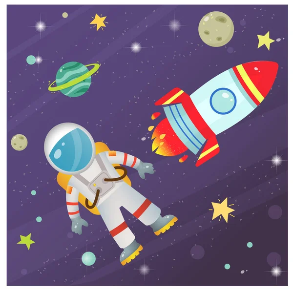 Imagem colorida do foguete de desenho animado com astronauta no espaço. Ilustração vetorial para crianças . — Vetor de Stock