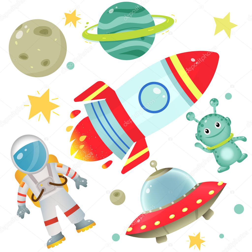Color images of cartoon astronaut with rocket, of aliens with flying saucer and planets with stars on white background. Space. Vector illustration set for kids.