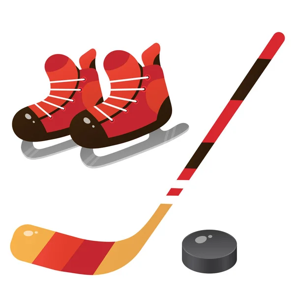 Хоккейный набор. Цветные изображения роликов с палкой и шайбой на белом фоне. Спортивный инвентарь Векторная иллюстрация . — стоковый вектор