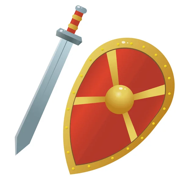 Immagine a colori di scudo cartone animato con spada su sfondo bianco. Illustrazione vettoriale . — Vettoriale Stock