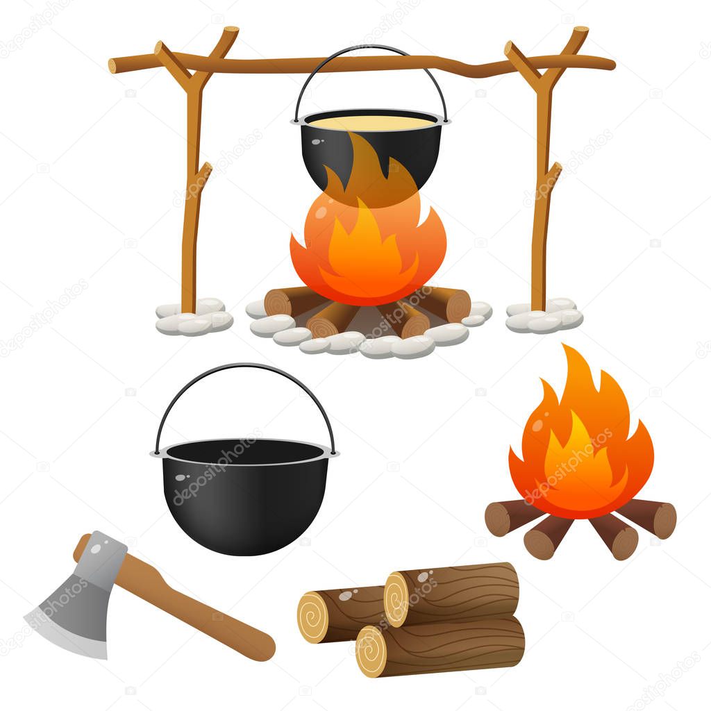 Tourist set. Color images of campfire, firewood and of bowler on white background. Camping and hikings. Vector illustrations.