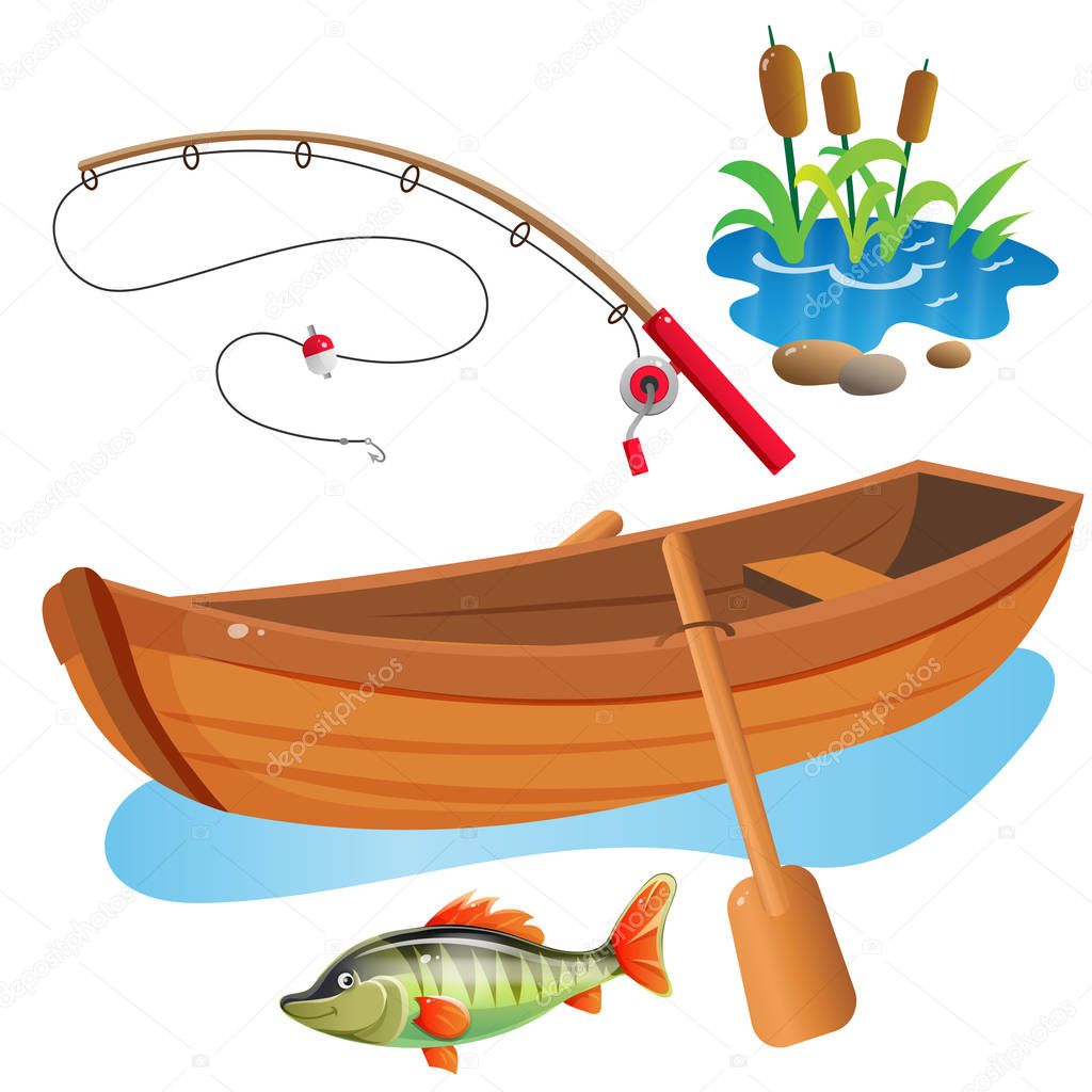 Color images of cartoon boat with paddles, fishing rod and big fish on white background. Hobby and fishery. Vector illustration set.