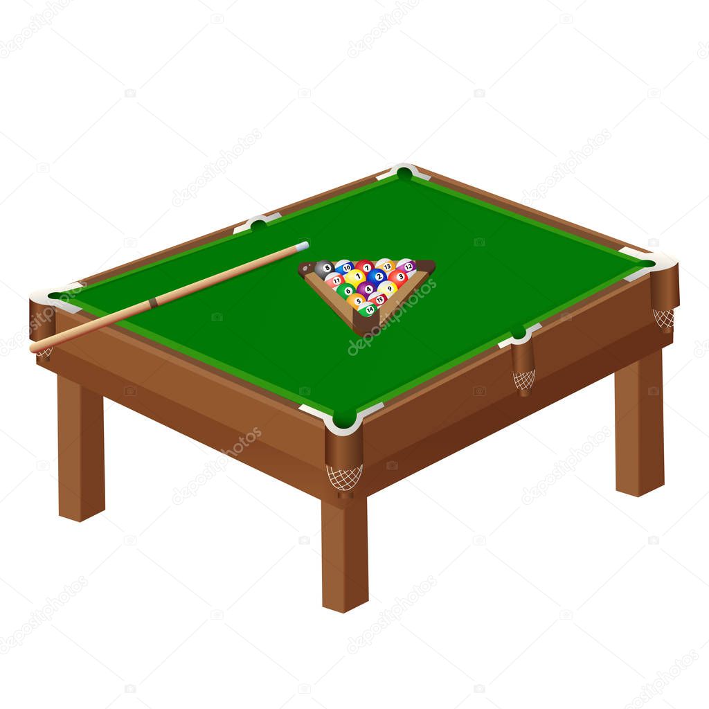 Color image of pool table on white background. Sports equipment. Billiards. Vector illustration.