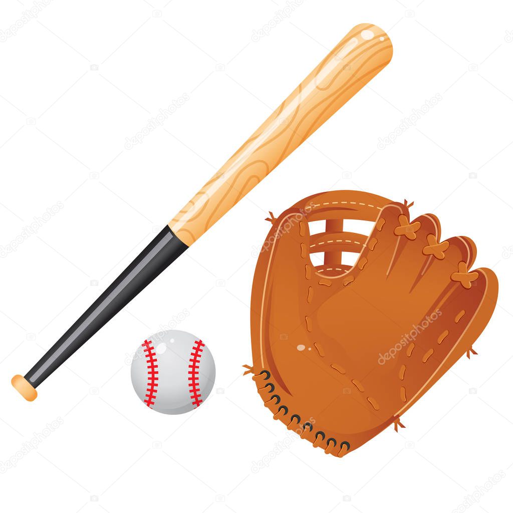 Color images of baseball bat, of ball and of catcher's mitt or glove on white background. Sports equipment. Vector illustration set.