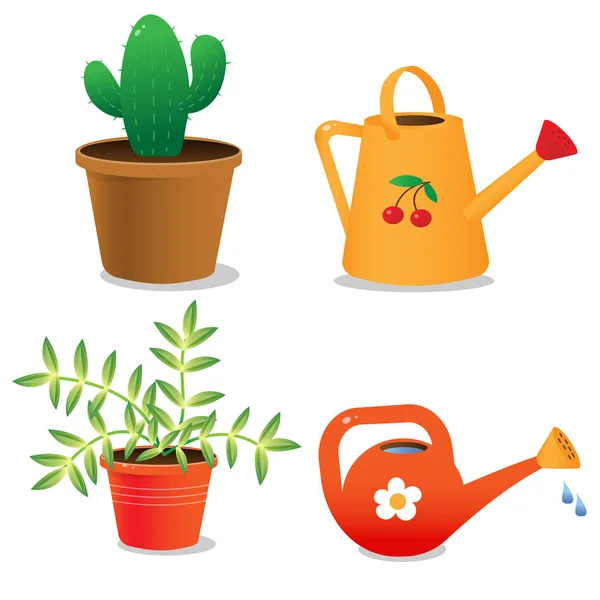 Imagens a cores de plantas de casa com latas de rega no fundo branco. Conjunto de ilustrações vetoriais. — Vetor de Stock