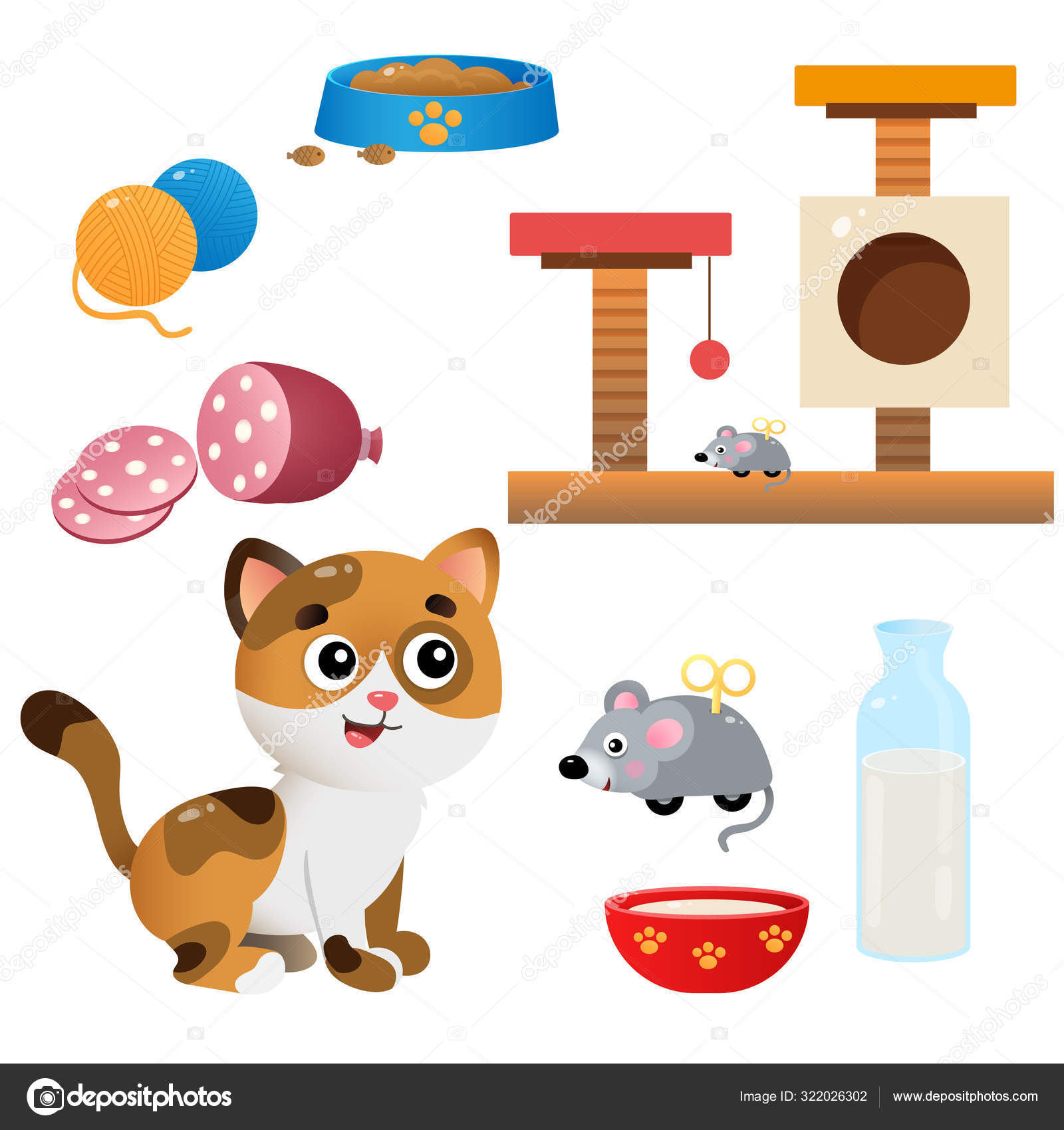 Color images of cartoon cat with feed and toys on white background. Pets.  Vector illustration set for kids. Stock Vector Image by ©Oleon17 #322026302