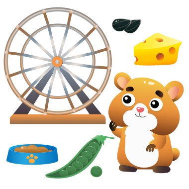 Color images of cartoon hamster, of feeder and wheel on white background. Pets. Vector illustration set for kids. clipart