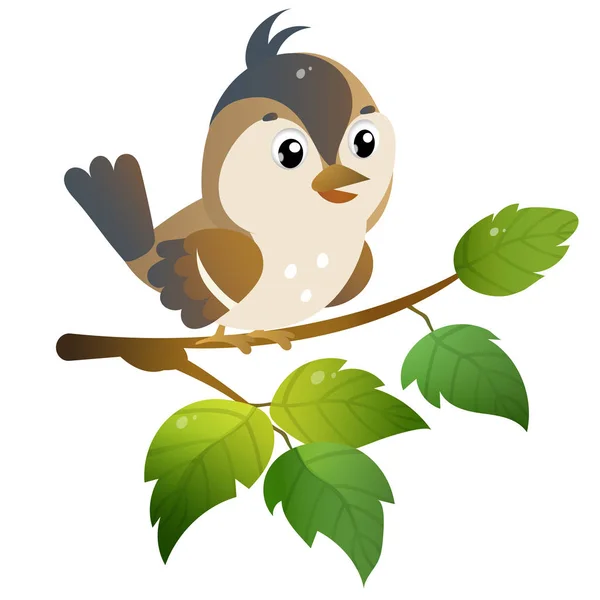 Vrabče. Barevný obraz kresleného ptáka na větvi na bílém pozadí. Vektorová ilustrace pro děti. — Stockový vektor
