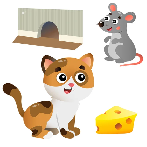 Farbbilder von Cartoon-Katze und -Maus mit Käse auf weißem Hintergrund. Vektor Illustration Set für Kinder. — Stockvektor