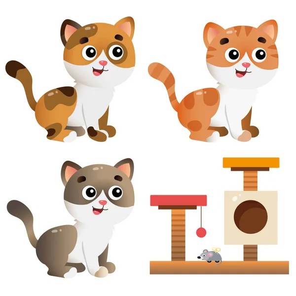 Kleur afbeeldingen van cartoon katten op witte achtergrond. Huisdieren. Vector illustratie set voor kinderen. — Stockvector