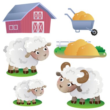 Color images of cartoon sheep with barn and hay on white background. Farm animals. Vector illustration set for kids. clipart