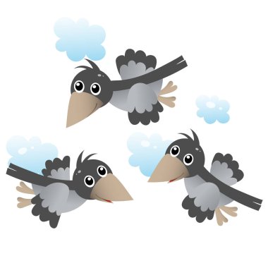 Color image of cartoon flock of crows in the sky on white background. Birds. Vector illustration for kids. clipart