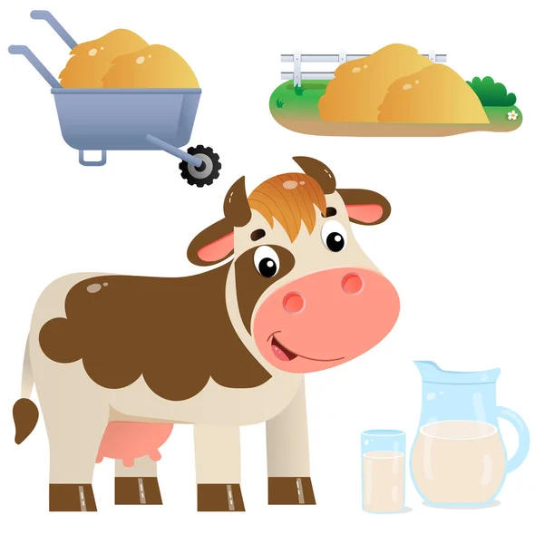 Imagen en color de vaca de dibujos animados con leche y heno sobre fondo blanco. Animales de granja. Juego de ilustración vectorial para niños . — Vector de stock