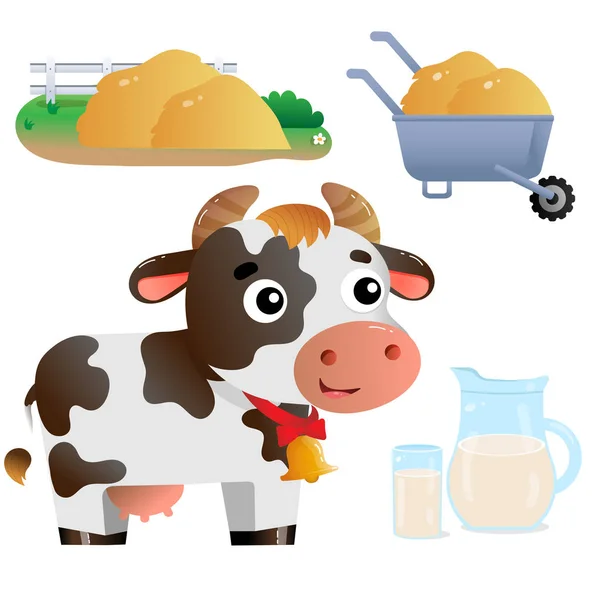 Imagen en color de vaca de dibujos animados con leche sobre fondo blanco. Animales de granja. Juego de ilustración vectorial para niños . — Vector de stock