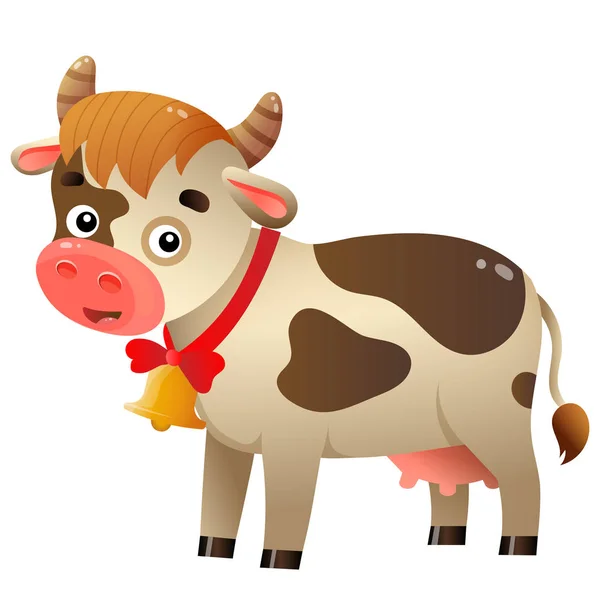 Kleur afbeelding van cartoon gespot koe met bel op witte achtergrond. Boerderijdieren. Vector illustratie voor kinderen. — Stockvector