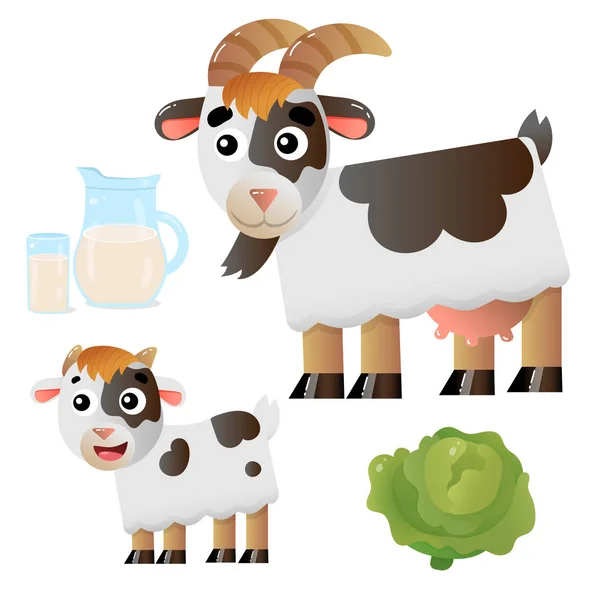 Imagen a color de la niñera de dibujos animados de cabra con niño sobre fondo blanco. Animales de granja. Juego de ilustración vectorial para niños . — Vector de stock