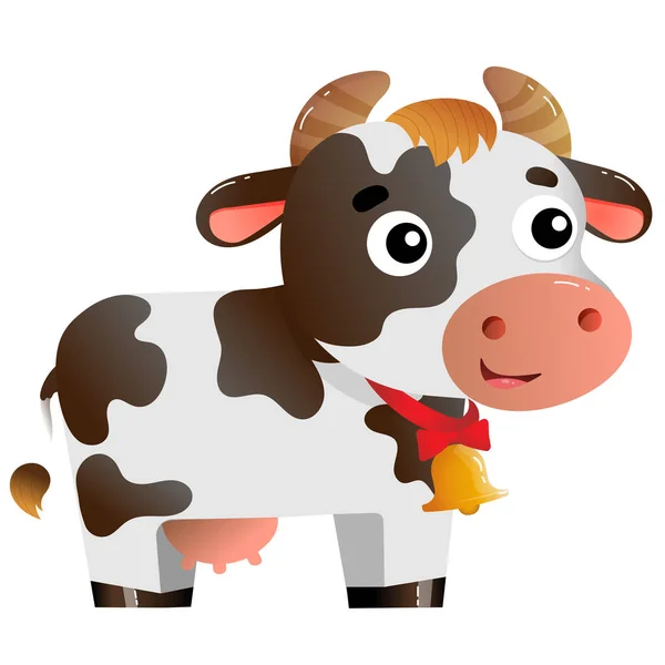 白色背景上有铃铛的卡通斑点奶牛的彩色图像。 农场动物。 儿童的病媒图解. — 图库矢量图片