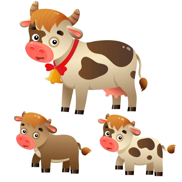 Imagen en color de vaca de dibujos animados con terneros sobre fondo blanco. Animales de granja. Juego de ilustración vectorial para niños . — Vector de stock