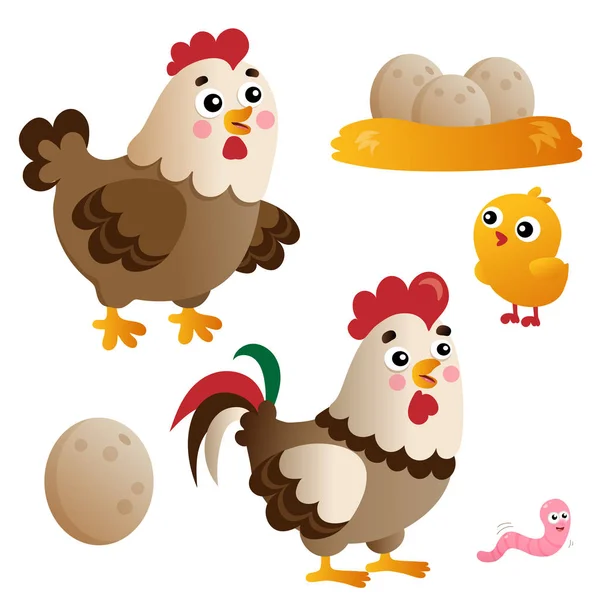 Color images of cartoon chicken or hen with rooster, chick and eggs on white background. Farm animals. Vector illustration set for kids. — Stock Vector