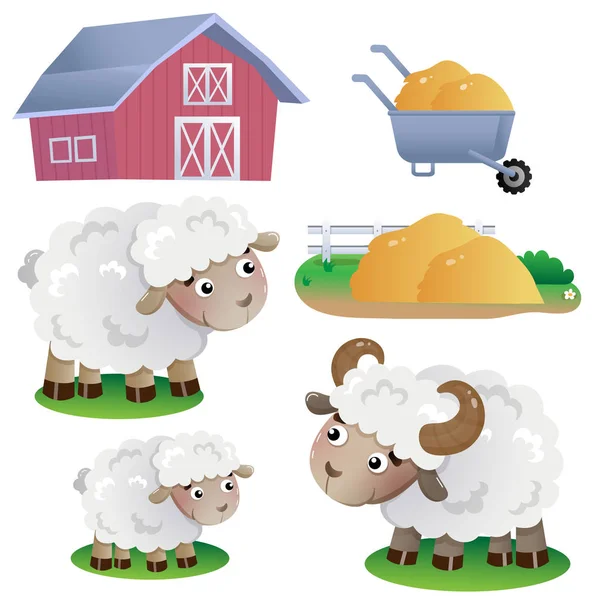 Кольорові зображення мультяшних овець з сараєм і сіном на білому тлі. Фермерські тварини. Векторний набір ілюстрацій для дітей . — стоковий вектор