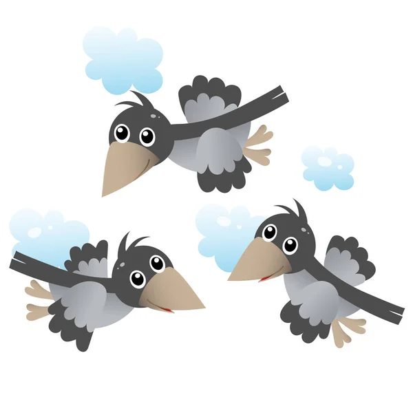 Image en couleur de bande dessinée troupeau de corbeaux dans le ciel sur fond blanc. Des oiseaux. Illustration vectorielle pour enfants . — Image vectorielle