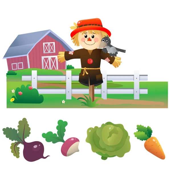 Színes képek rajzfilm töltött vagy madárijesztő aratás fehér háttér. Zöldségkert. Vektor illusztráció készlet gyerekeknek. — Stock Vector