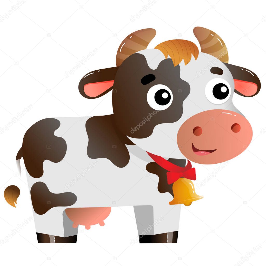 Color image of cartoon spotted cow with bell on white background. Farm animals. Vector illustration for kids.