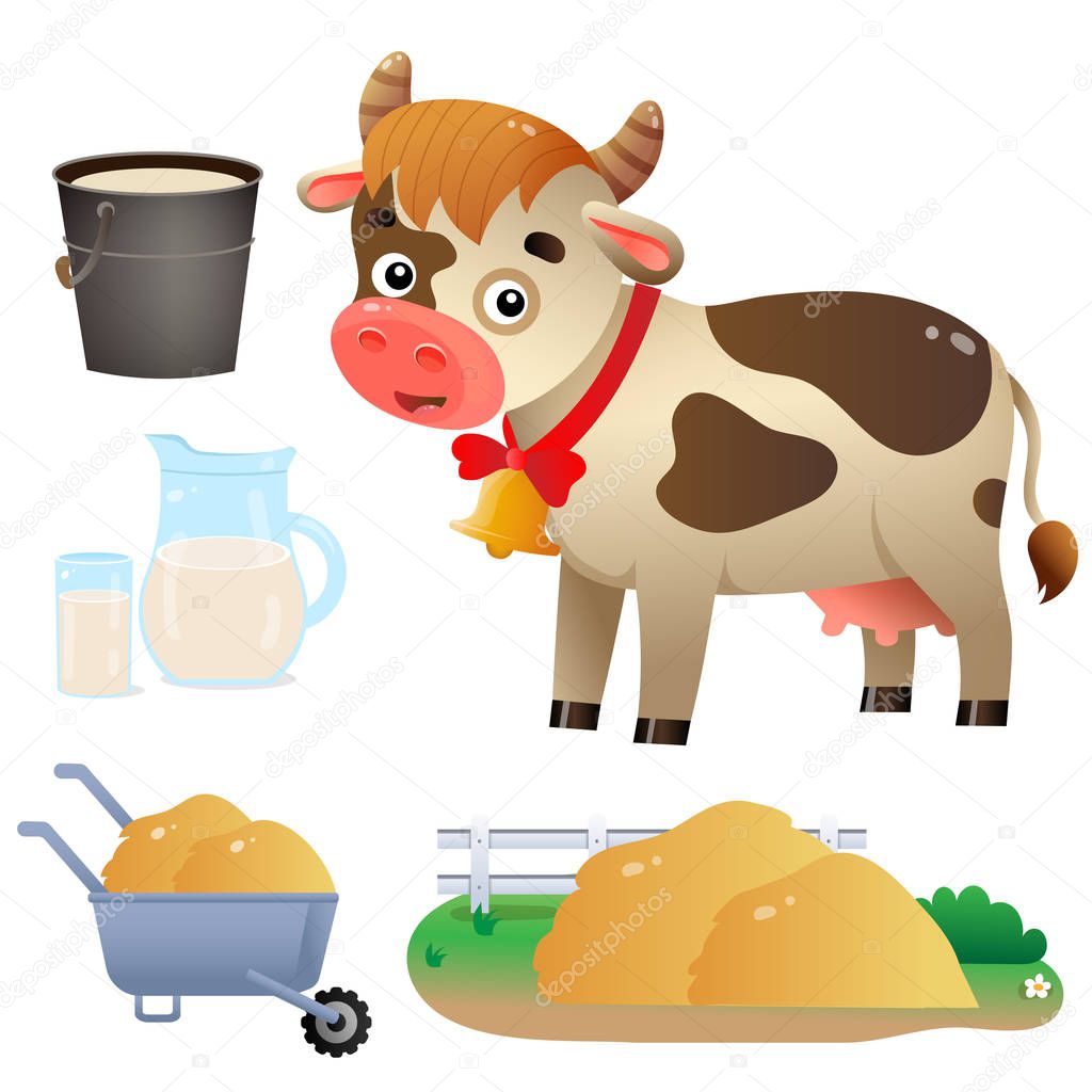 Color image of cartoon cow with milk and hay on white background. Farm animals. Vector illustration set for kids