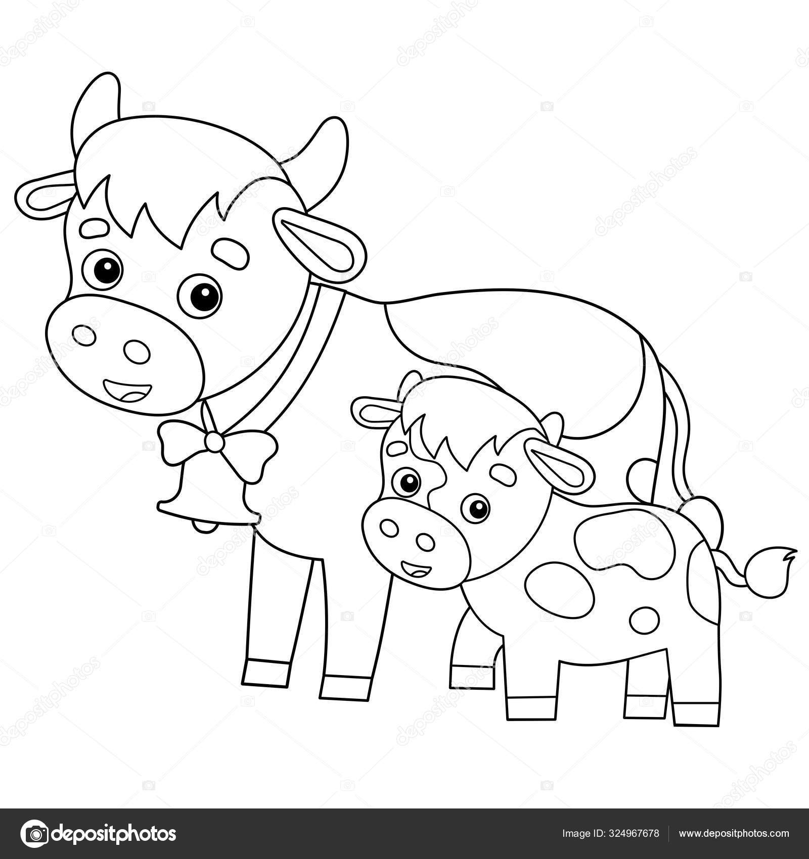 Coloring Page Outline of cartoon cow with calf. Farm animals ...