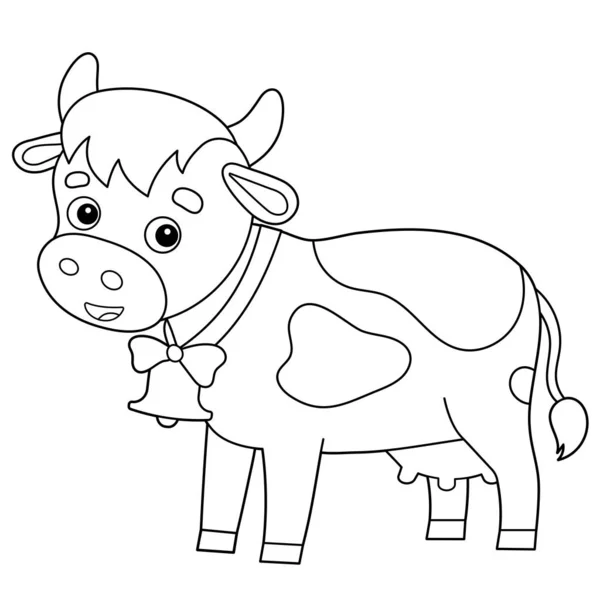 Omalovánky obrys kreslené krávy se zvonkem. Farmářská zvířata. Omalovánky pro děti. — Stockový vektor
