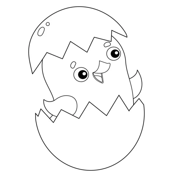 Desenho da página de colorir de pintinho de desenho animado com ovo. Animais de quinta. Livro para colorir para crianças . —  Vetores de Stock